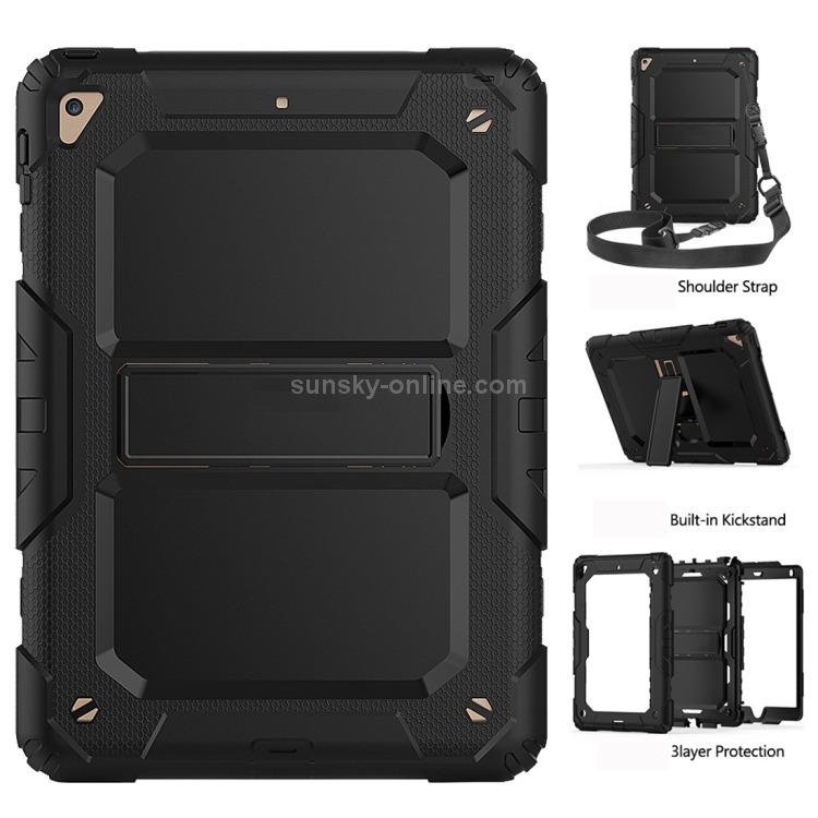 Shockproof PC + Silica Gel Protective Case for iPad 9.7 (2018), with Holder & Shoulder Strap(Black) Shockproof PC + Silica Gel Protective Case for iPad 9.7 (2018), with Holder & Shoulder Strap(Black)