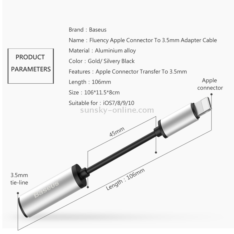Baseus for iPhone 7 & 7 Plus Aluminium Alloy Material 8 Pin Male to 3.5mm Female Audio Adapter Cable, Not Support iOS 10.3.1 or Above Mobile Phones(Silver) Baseus for iPhone 7 & 7 Plus Aluminium Alloy Material 8 Pin Male to 3.5mm Female Audio Adapter Cable, Not Support iOS 10.3.1 or Above Mobile Phones(Silver)