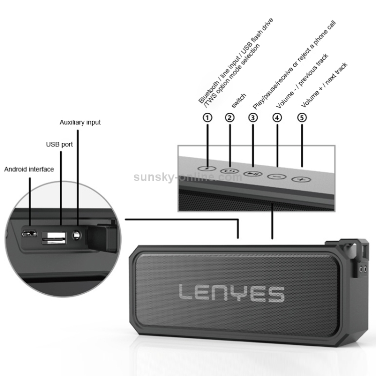 Lenyes S107 20W IPX7 Waterproof HiFi Bass Wireless Bluetooth Speaker, Support Hands-free / USB / AUX (Grey) Lenyes S107 20W IPX7 Waterproof HiFi Bass Wireless Bluetooth Speaker, Support Hands-free / USB / AUX (Grey)