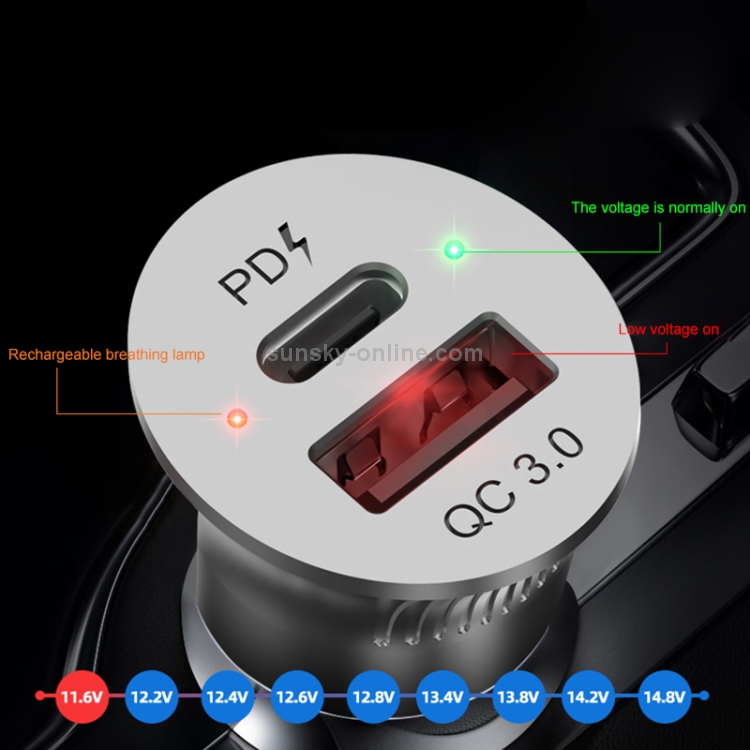 PD USB-C / Type-C + QC3.0 USB Fast Charging Car Charger with Dual LED Indicator PD USB-C / Type-C + QC3.0 USB Fast Charging Car Charger with Dual LED Indicator