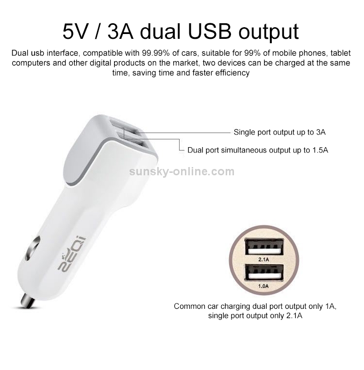 ZEQI ZE-C88 5V 3A Dual USB Ports Socket Cigarette Lighter Splitter Car Charger