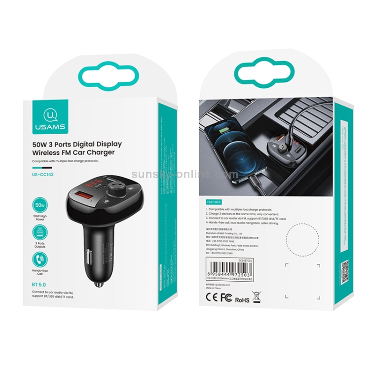 USAMS CC143 C25 50W Dual USB + Type-C 3 Ports Digital Display Wireless FM Car Charger (Black) USAMS CC143 C25 50W Dual USB + Type-C 3 Ports Digital Display Wireless FM Car Charger (Black)