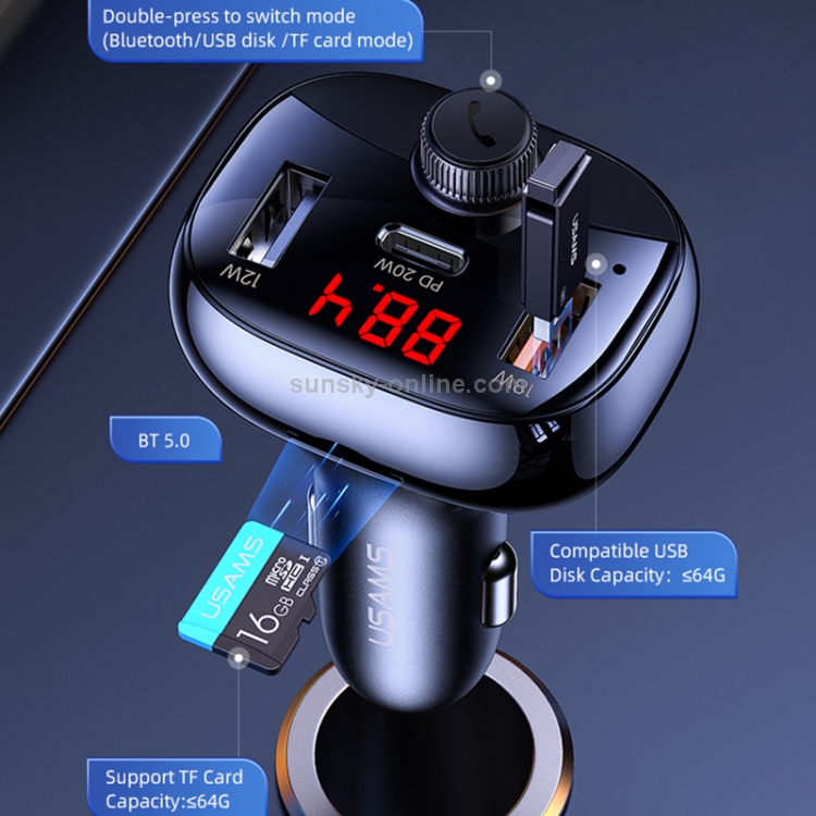 USAMS CC143 C25 50W Dual USB + Type-C 3 Ports Digital Display Wireless FM Car Charger (Black) USAMS CC143 C25 50W Dual USB + Type-C 3 Ports Digital Display Wireless FM Car Charger (Black)