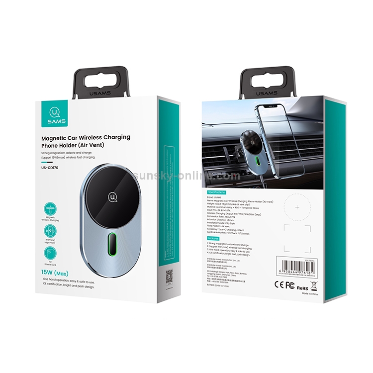 USAMS US-CD170 15W Air Outlet Magnetic Wireless Charging Car Phone Holder Bracket USAMS US-CD170 15W Air Outlet Magnetic Wireless Charging Car Phone Holder Bracket
