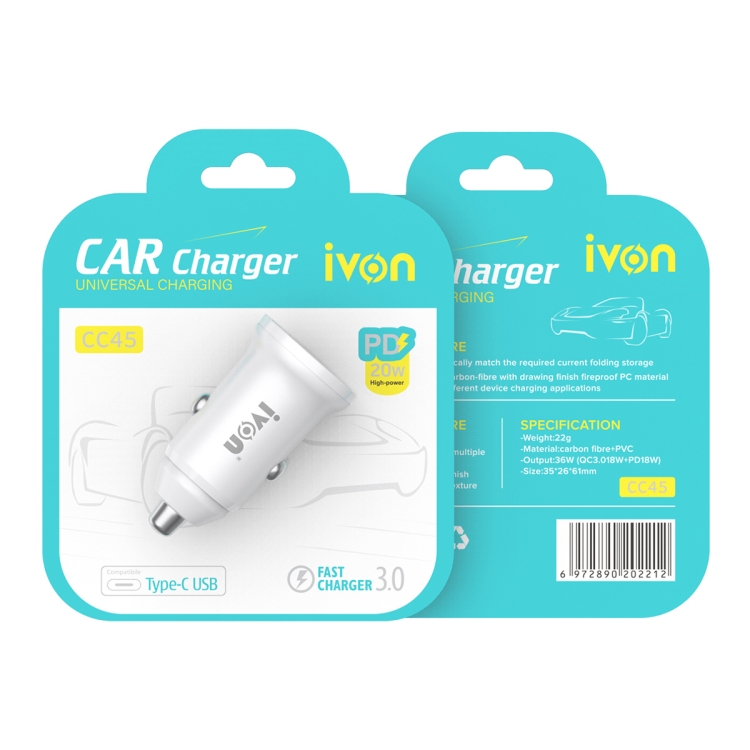 IVON CC45 20W PD 3.0 USB-C / Type-C + QC 3.0 USB Port Mini Car Charger IVON CC45 20W PD 3.0 USB-C / Type-C + QC 3.0 USB Port Mini Car Charger