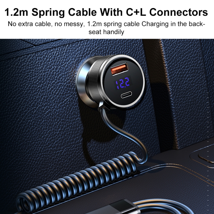 REMAX RCC336 Saga Series 2 in 1 Car 52.5W PD Fast Charger with USB-C / Type-C + 8 Pin Spring Cable REMAX RCC336 Saga Series 2 in 1 Car 52.5W PD Fast Charger with USB-C / Type-C + 8 Pin Spring Cable