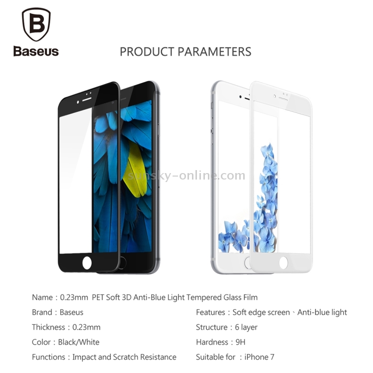 Baseus for iPhone 8 & 7 0.23mm 9H Surface Hardness PET Soft 3D Curverd Arc Explosion-proof Anti Blue-ray Silk-screen Tempered Glass Full Coverage Screen Film(Black) Baseus for iPhone 8 & 7 0.23mm 9H Surface Hardness PET Soft 3D Curverd Arc Explosion-proof Anti Blue-ray Silk-screen Tempered Glass Full Coverage Screen Film(Black)