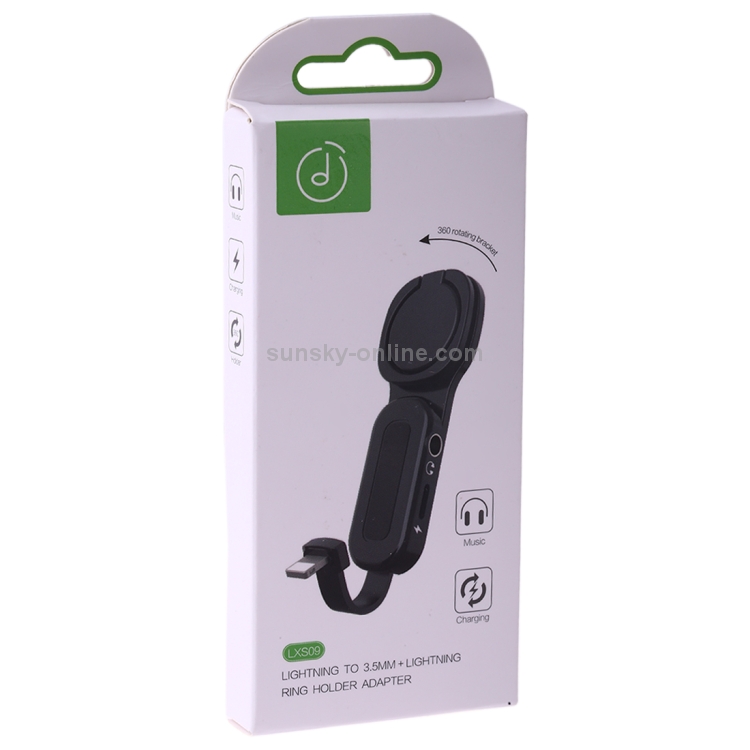 LXS09 2A 8 Pin + 3.5mm Female to 8 Pin Male Audio & Charging Adapter with Ring Holder (Black) LXS09 2A 8 Pin + 3.5mm Female to 8 Pin Male Audio & Charging Adapter with Ring Holder (Black)