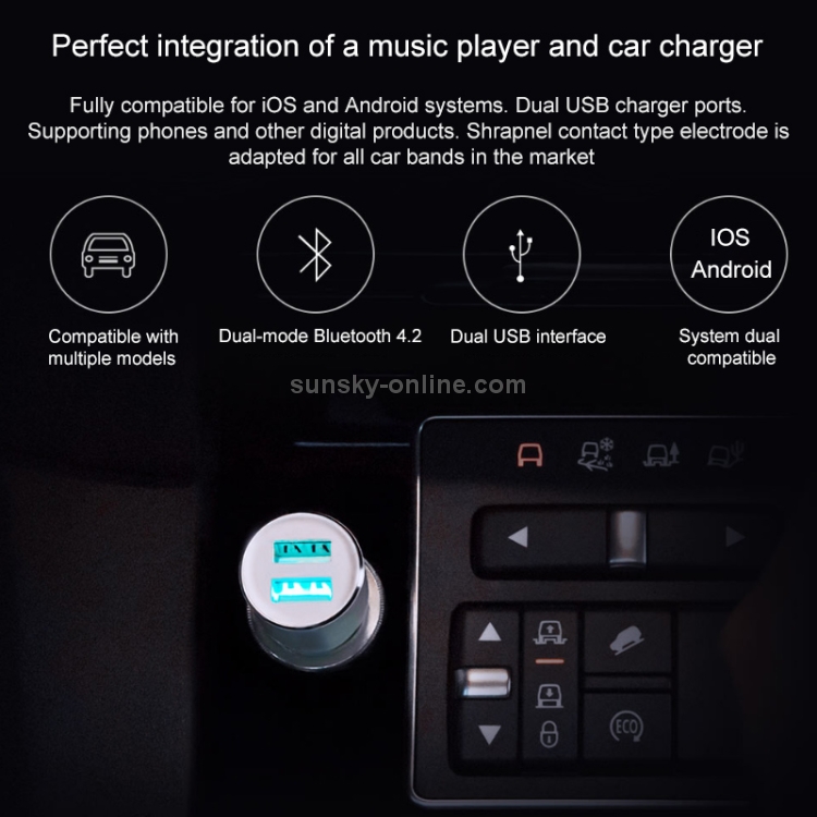 Original Xiaomi Youpin Roidmi 3S 3.4A Dual USB Ports Music Bluetooth Car Charger, Compatible with Android / IOS System