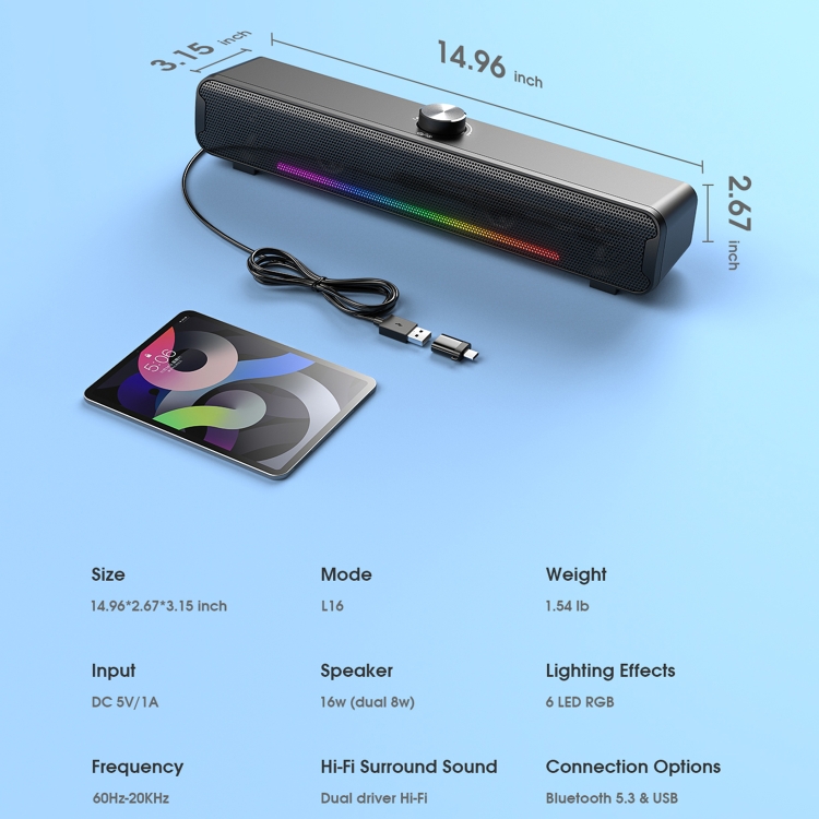 Altavoz inalámbrico Bluetooth USB HiFi con luz RGB portátil para exteriores L16 (negro) - 7