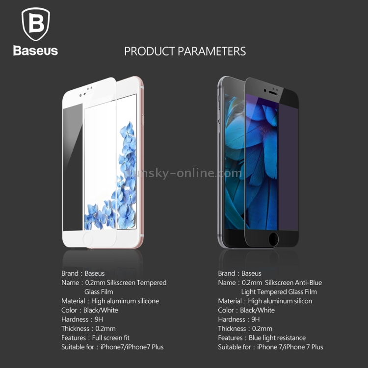Baseus for iPhone 7 Plus 0.2mm 9H Surface Hardness Explosion-proof Anti Blue-ray Silk-screen Tempered Glass Full Screen Film(White) Baseus for iPhone 7 Plus 0.2mm 9H Surface Hardness Explosion-proof Anti Blue-ray Silk-screen Tempered Glass Full Screen Film(White)