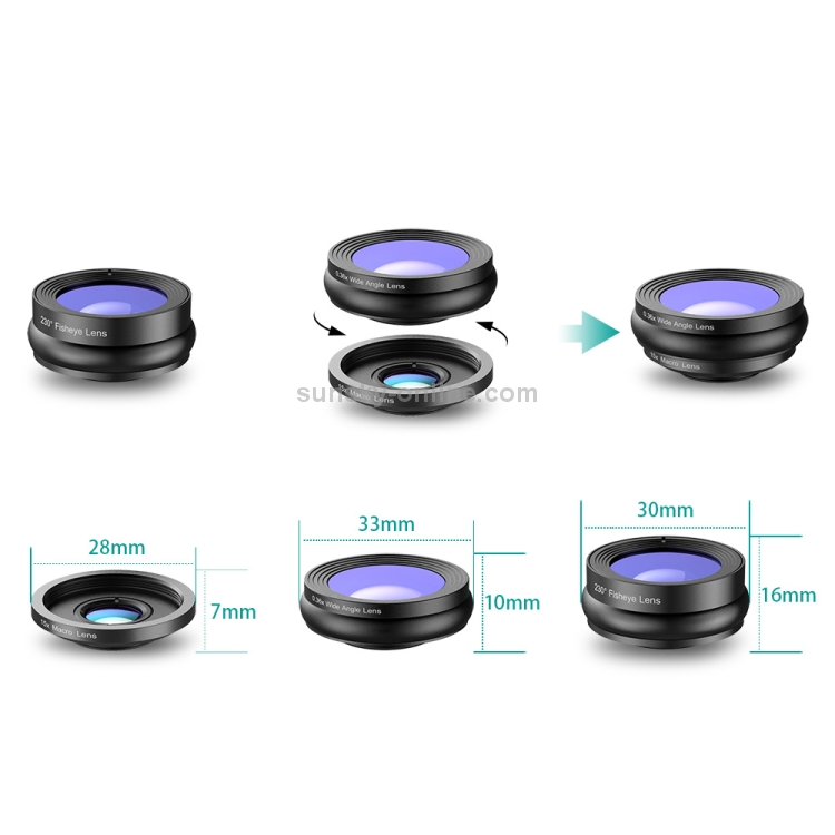 APEXEL APL-SJ3 3 in 1 Universal 230 Degrees Fisheye + 15X Macro Lens + 0.36X Wide-angle Lens Kit APEXEL APL-SJ3 3 in 1 Universal 230 Degrees Fisheye + 15X Macro Lens + 0.36X Wide-angle Lens Kit