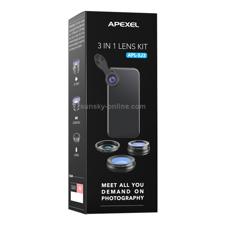 APEXEL APL-SJ3 3 in 1 Universal 230 Degrees Fisheye + 15X Macro Lens + 0.36X Wide-angle Lens Kit APEXEL APL-SJ3 3 in 1 Universal 230 Degrees Fisheye + 15X Macro Lens + 0.36X Wide-angle Lens Kit