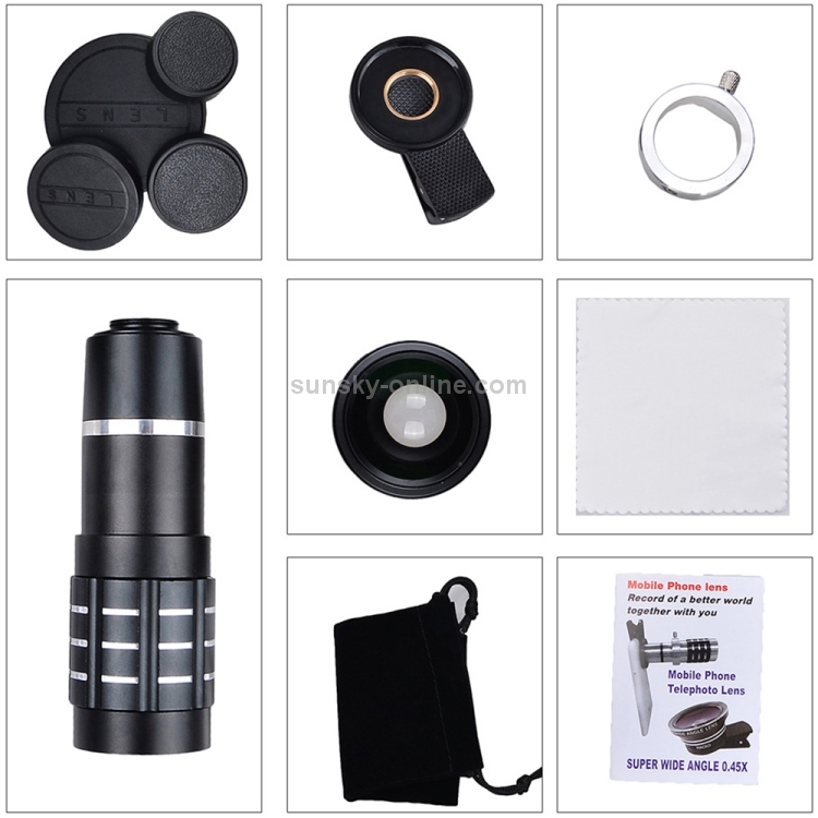 Universal 12X Telephoto Lens + 0.45X Wide-angle Lens + 12.5X Macro Lens Kit Universal 12X Telephoto Lens + 0.45X Wide-angle Lens + 12.5X Macro Lens Kit