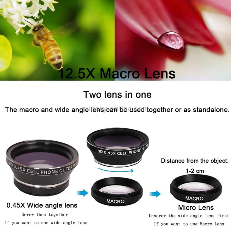 Universal 12X Telephoto Lens + 0.45X Wide-angle Lens + 12.5X Macro Lens Kit Universal 12X Telephoto Lens + 0.45X Wide-angle Lens + 12.5X Macro Lens Kit