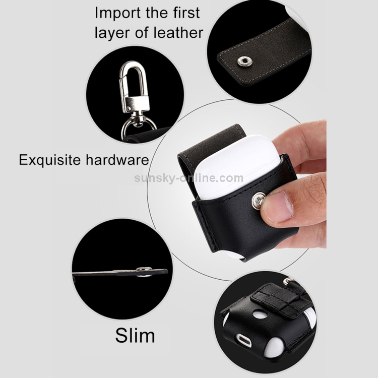 Creative Wireless Bluetooth Earphone Genuine Leather Protective Bag Anti-lost Storage Bag with Stainless Steel Hook for Apple AirPods 1/2 (Earphone is not Included)(Black) Creative Wireless Bluetooth Earphone Genuine Leather Protective Bag Anti-lost Storage Bag with Stainless Steel Hook for Apple AirPods 1/2 (Earphone is not Included)(Black)