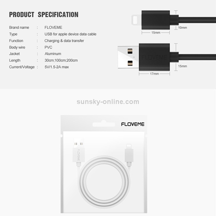 FLOVEME 1.5A 2m PVC + Aluminum Alloy Head USB to 8 Pin Data Sync Charging Cable FLOVEME 1.5A 2m PVC + Aluminum Alloy Head USB to 8 Pin Data Sync Charging Cable