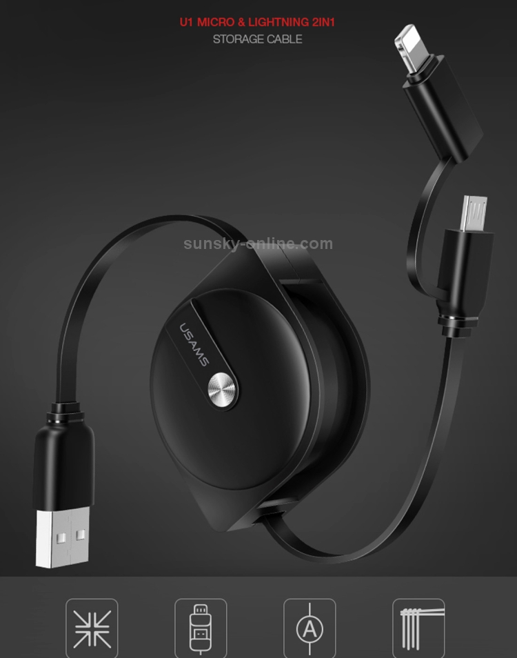 USAMS US-SJ192 1m 2 in 1 Noodle Style Retractable Micro USB + 8 Pin to USB Data Sync Charging Cable