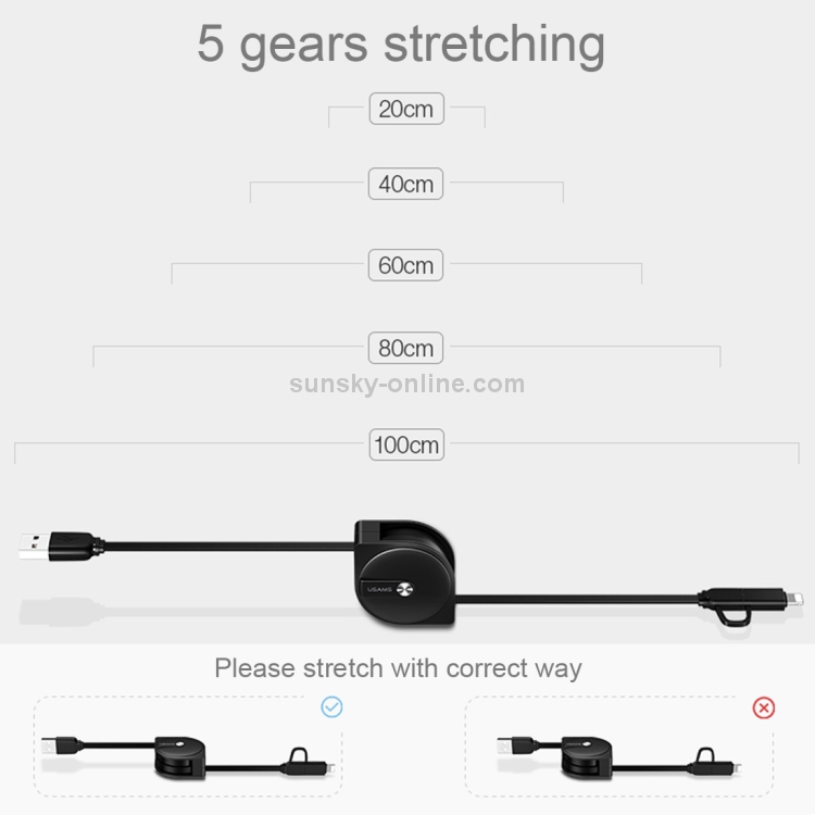 USAMS US-SJ192 1m 2 in 1 Noodle Style Retractable Micro USB + 8 Pin to USB Data Sync Charging Cable