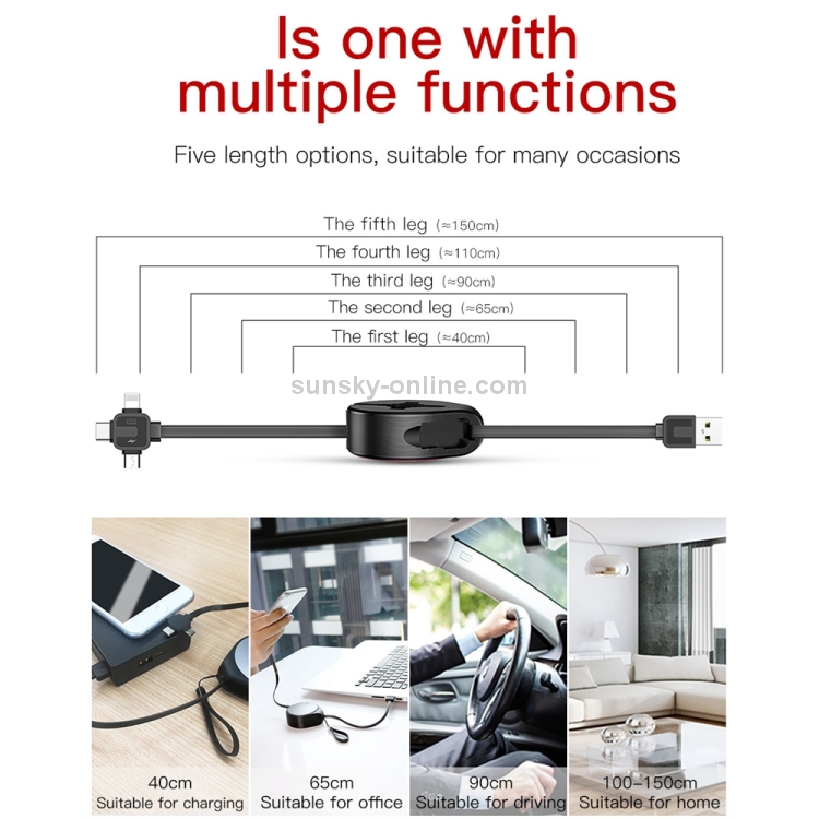 Baseus 1.5m 1.5A Waterdrop Retractable Fast Charging TPE Cord 3 in 1 Micro USB + 8 Pin + Type-C Charge Data Syn Cable