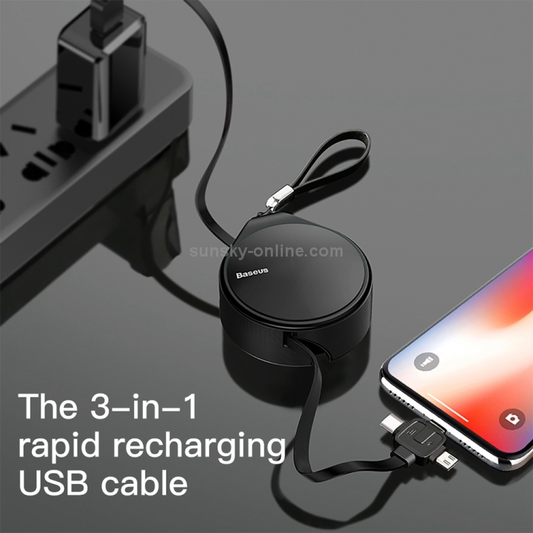 Baseus 1.5m 1.5A Waterdrop Retractable Fast Charging TPE Cord 3 in 1 Micro USB + 8 Pin + Type-C Charge Data Syn Cable