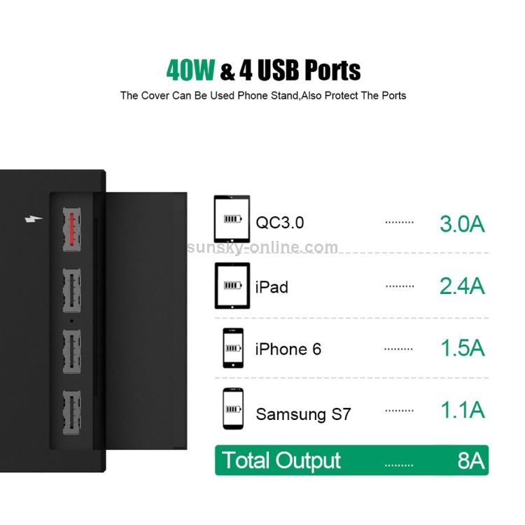 FLOVEME YXF64100 QC 3.0 4 Ports USB 40W 3A Max Desketop Charging Station Charger, US Plug FLOVEME YXF64100 QC 3.0 4 Ports USB 40W 3A Max Desketop Charging Station Charger, US Plug