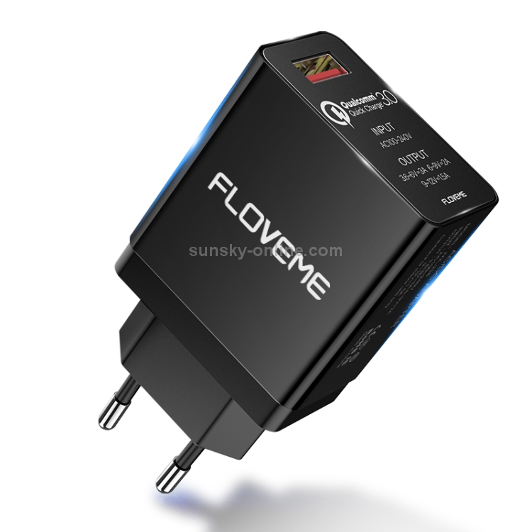 FLOVEME YXF148549 AC100-240V QC3.0 Single Port Fast Charger, EU Plug(Black) FLOVEME YXF148549 AC100-240V QC3.0 Single Port Fast Charger, EU Plug(Black)