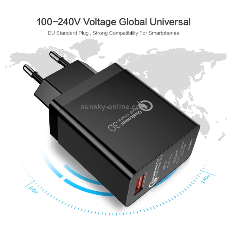 FLOVEME YXF148549 AC100-240V QC3.0 Single Port Fast Charger, EU Plug(Black) FLOVEME YXF148549 AC100-240V QC3.0 Single Port Fast Charger, EU Plug(Black)
