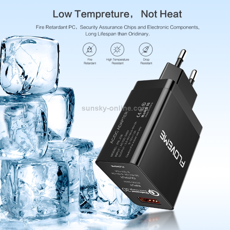 FLOVEME YXF148549 AC100-240V QC3.0 Single Port Fast Charger, EU Plug(Black) FLOVEME YXF148549 AC100-240V QC3.0 Single Port Fast Charger, EU Plug(Black)