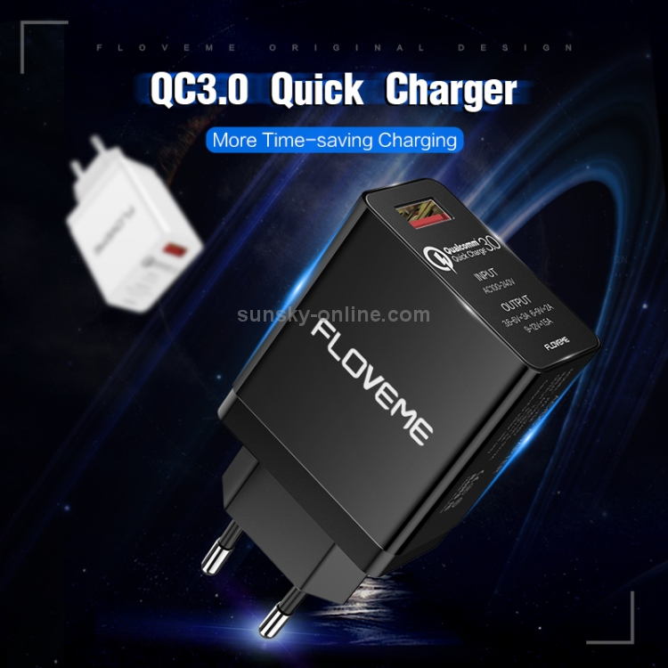 FLOVEME YXF148549 AC100-240V QC3.0 Single Port Fast Charger, EU Plug(Black) FLOVEME YXF148549 AC100-240V QC3.0 Single Port Fast Charger, EU Plug(Black)