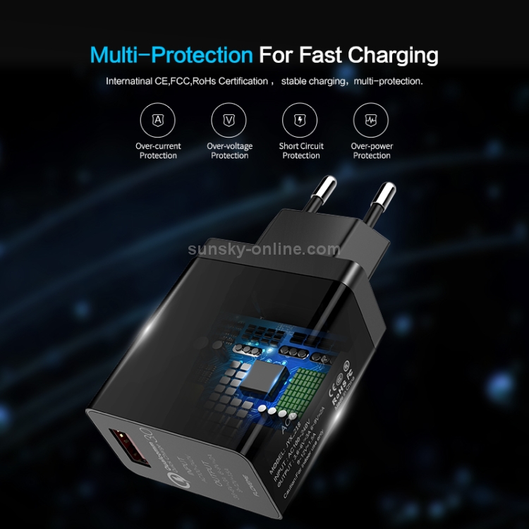 FLOVEME YXF148549 AC100-240V QC3.0 Single Port Fast Charger, EU Plug(Black) FLOVEME YXF148549 AC100-240V QC3.0 Single Port Fast Charger, EU Plug(Black)