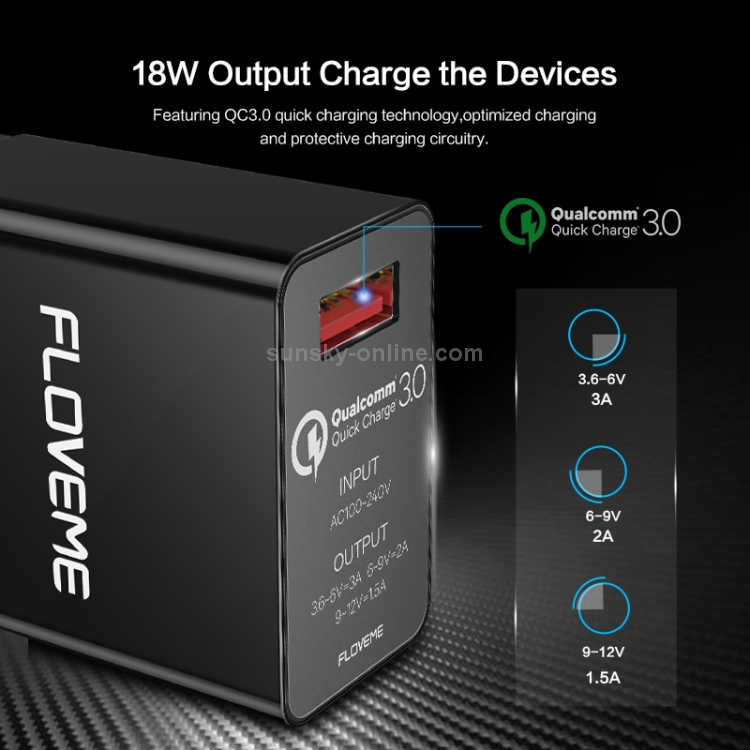 FLOVEME YXF148549 AC100-240V QC3.0 Single Port Fast Charger, EU Plug(Black) FLOVEME YXF148549 AC100-240V QC3.0 Single Port Fast Charger, EU Plug(Black)