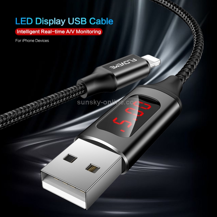 FLOVEME 1m 5V/2.1A USB to 8 Pin Aluminum + Nylon Fast Charging & Data Cable with LED Display(Black) FLOVEME 1m 5V/2.1A USB to 8 Pin Aluminum + Nylon Fast Charging & Data Cable with LED Display(Black)