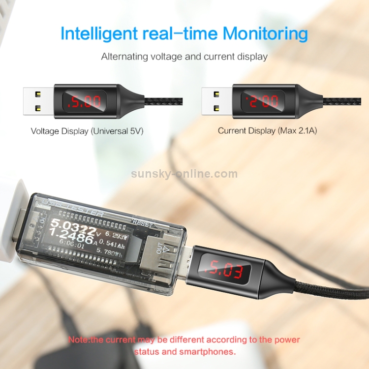 FLOVEME 1m 5V/2.1A USB to 8 Pin Aluminum + Nylon Fast Charging & Data Cable with LED Display(Black) FLOVEME 1m 5V/2.1A USB to 8 Pin Aluminum + Nylon Fast Charging & Data Cable with LED Display(Black)