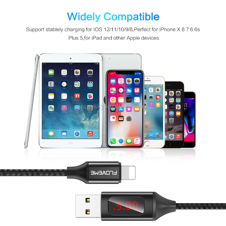 FLOVEME 1m 5V/2.1A USB to 8 Pin Aluminum + Nylon Fast Charging & Data Cable with LED Display(Black) FLOVEME 1m 5V/2.1A USB to 8 Pin Aluminum + Nylon Fast Charging & Data Cable with LED Display(Black)