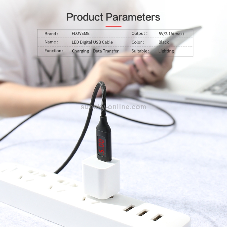 FLOVEME 1m 5V/2.1A USB to 8 Pin Aluminum + Nylon Fast Charging & Data Cable with LED Display(Black) FLOVEME 1m 5V/2.1A USB to 8 Pin Aluminum + Nylon Fast Charging & Data Cable with LED Display(Black)