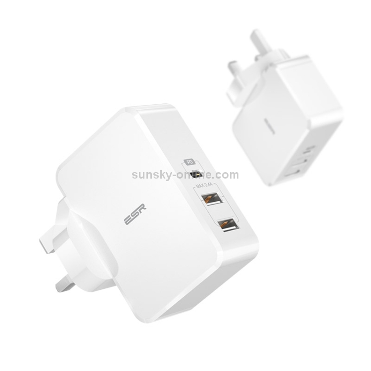 ESR USB-PD + Dual USB Ports Travel Fast Charger, UK Plug(White) ESR USB-PD + Dual USB Ports Travel Fast Charger, UK Plug(White)