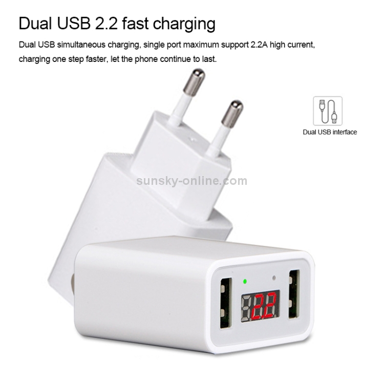 CYKE HKL-USB39 11W 5V / 2.2A Dual USB Travel Charger with Smart Digital Display, EU Plug (White) CYKE HKL-USB39 11W 5V / 2.2A Dual USB Travel Charger with Smart Digital Display, EU Plug (White)