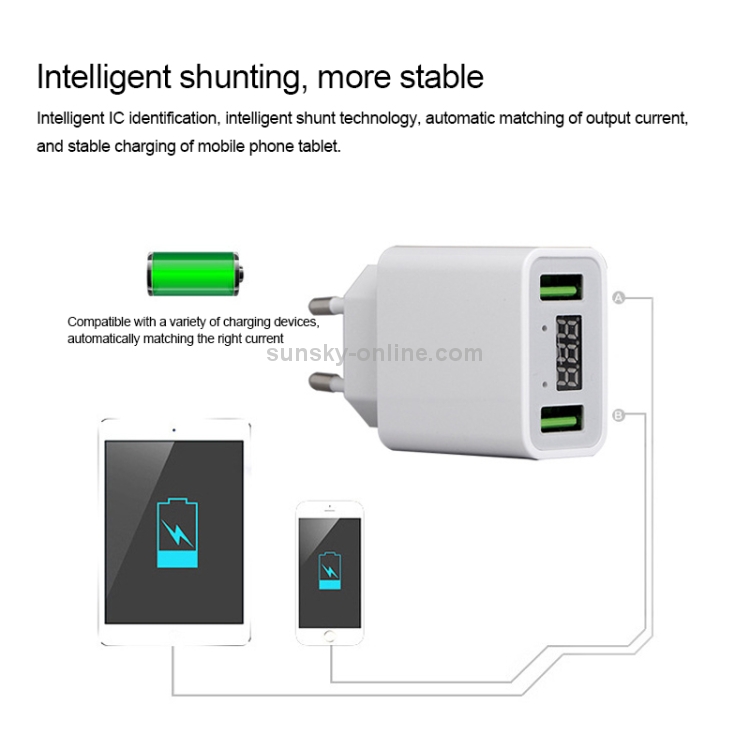CYKE HKL-USB39 11W 5V / 2.2A Dual USB Travel Charger with Smart Digital Display, EU Plug (White) CYKE HKL-USB39 11W 5V / 2.2A Dual USB Travel Charger with Smart Digital Display, EU Plug (White)