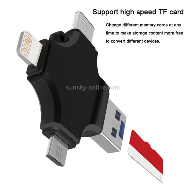 4 in 1 USB 2.0 & Micro USB & USB-C / Type-C & 8 Pin TF Card Reader(Black) 4 in 1 USB 2.0 & Micro USB & USB-C / Type-C & 8 Pin TF Card Reader(Black)