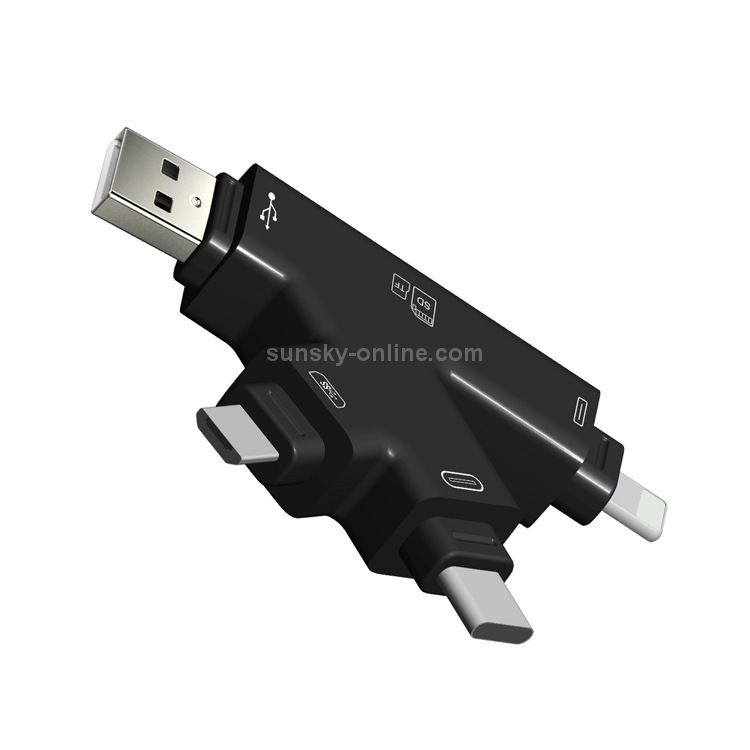 4 in 1 USB 2.0 & Micro USB & USB-C / Type-C & 8 Pin Universal Multi-function TF / SD Card Reader (Black) 4 in 1 USB 2.0 & Micro USB & USB-C / Type-C & 8 Pin Universal Multi-function TF / SD Card Reader (Black)