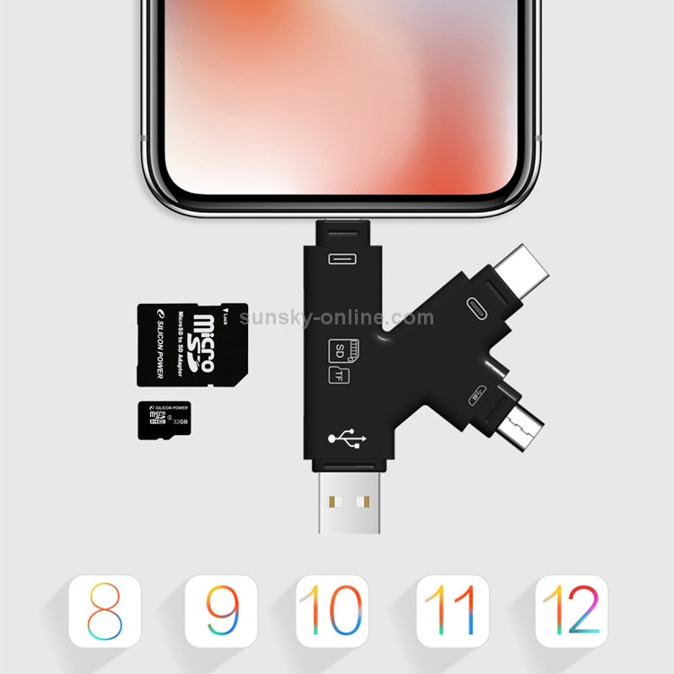 4 in 1 USB 2.0 & Micro USB & USB-C / Type-C & 8 Pin Universal Multi-function TF / SD Card Reader (Black) 4 in 1 USB 2.0 & Micro USB & USB-C / Type-C & 8 Pin Universal Multi-function TF / SD Card Reader (Black)