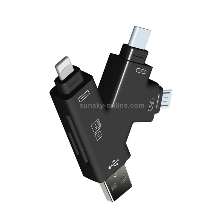 4 in 1 USB 2.0 & Micro USB & USB-C / Type-C & 8 Pin Universal Multi-function TF / SD Card Reader (Black) 4 in 1 USB 2.0 & Micro USB & USB-C / Type-C & 8 Pin Universal Multi-function TF / SD Card Reader (Black)