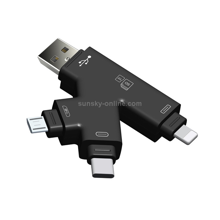 4 in 1 USB 2.0 & Micro USB & USB-C / Type-C & 8 Pin Universal Multi-function TF / SD Card Reader (Black) 4 in 1 USB 2.0 & Micro USB & USB-C / Type-C & 8 Pin Universal Multi-function TF / SD Card Reader (Black)