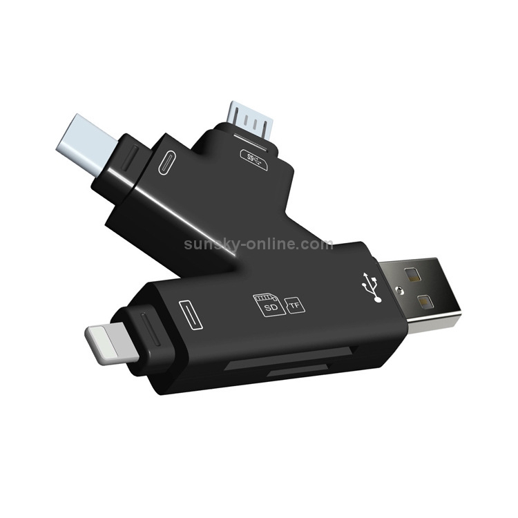 4 in 1 USB 2.0 & Micro USB & USB-C / Type-C & 8 Pin Universal Multi-function TF / SD Card Reader (Black) 4 in 1 USB 2.0 & Micro USB & USB-C / Type-C & 8 Pin Universal Multi-function TF / SD Card Reader (Black)