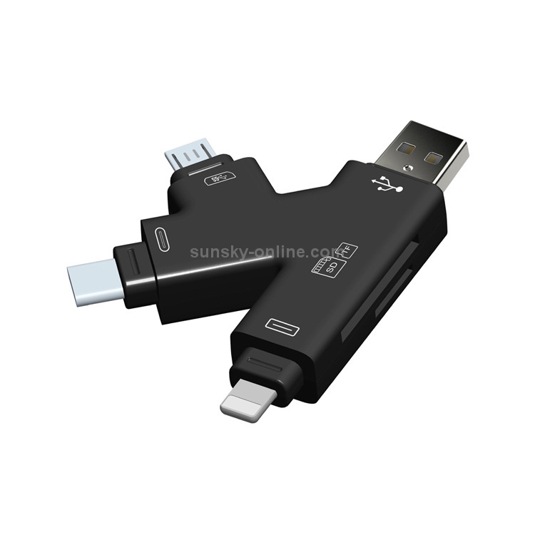 4 in 1 USB 2.0 & Micro USB & USB-C / Type-C & 8 Pin Universal Multi-function TF / SD Card Reader (Black) 4 in 1 USB 2.0 & Micro USB & USB-C / Type-C & 8 Pin Universal Multi-function TF / SD Card Reader (Black)