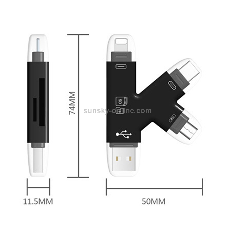 4 in 1 USB 2.0 & Micro USB & USB-C / Type-C & 8 Pin Universal Multi-function TF / SD Card Reader (Black) 4 in 1 USB 2.0 & Micro USB & USB-C / Type-C & 8 Pin Universal Multi-function TF / SD Card Reader (Black)