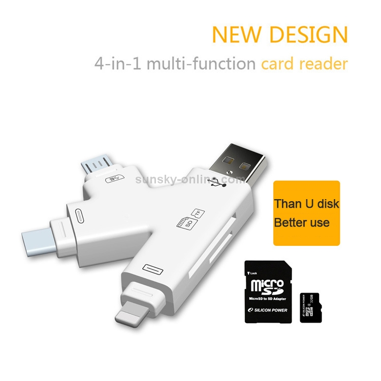 4 in 1 USB 2.0 & Micro USB & USB-C / Type-C & 8 Pin Universal Multi-function TF / SD Card Reader (Black) 4 in 1 USB 2.0 & Micro USB & USB-C / Type-C & 8 Pin Universal Multi-function TF / SD Card Reader (Black)