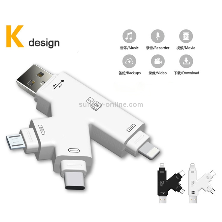 4 in 1 USB 2.0 & Micro USB & USB-C / Type-C & 8 Pin Universal Multi-function TF / SD Card Reader (Black) 4 in 1 USB 2.0 & Micro USB & USB-C / Type-C & 8 Pin Universal Multi-function TF / SD Card Reader (Black)