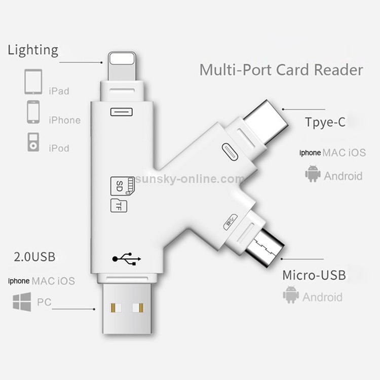 4 in 1 USB 2.0 & Micro USB & USB-C / Type-C & 8 Pin Universal Multi-function TF / SD Card Reader (Black) 4 in 1 USB 2.0 & Micro USB & USB-C / Type-C & 8 Pin Universal Multi-function TF / SD Card Reader (Black)